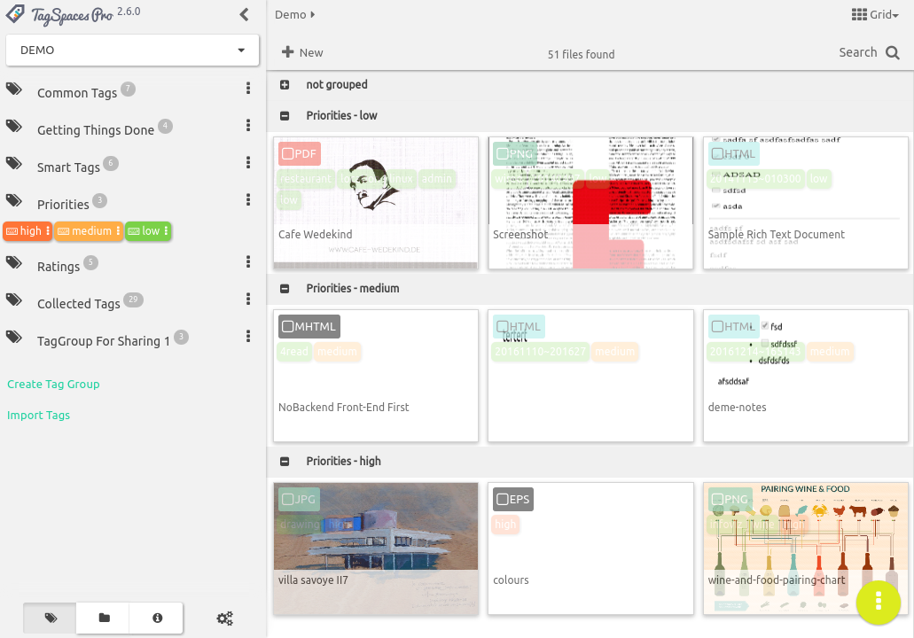 File grouping in action grid perspective