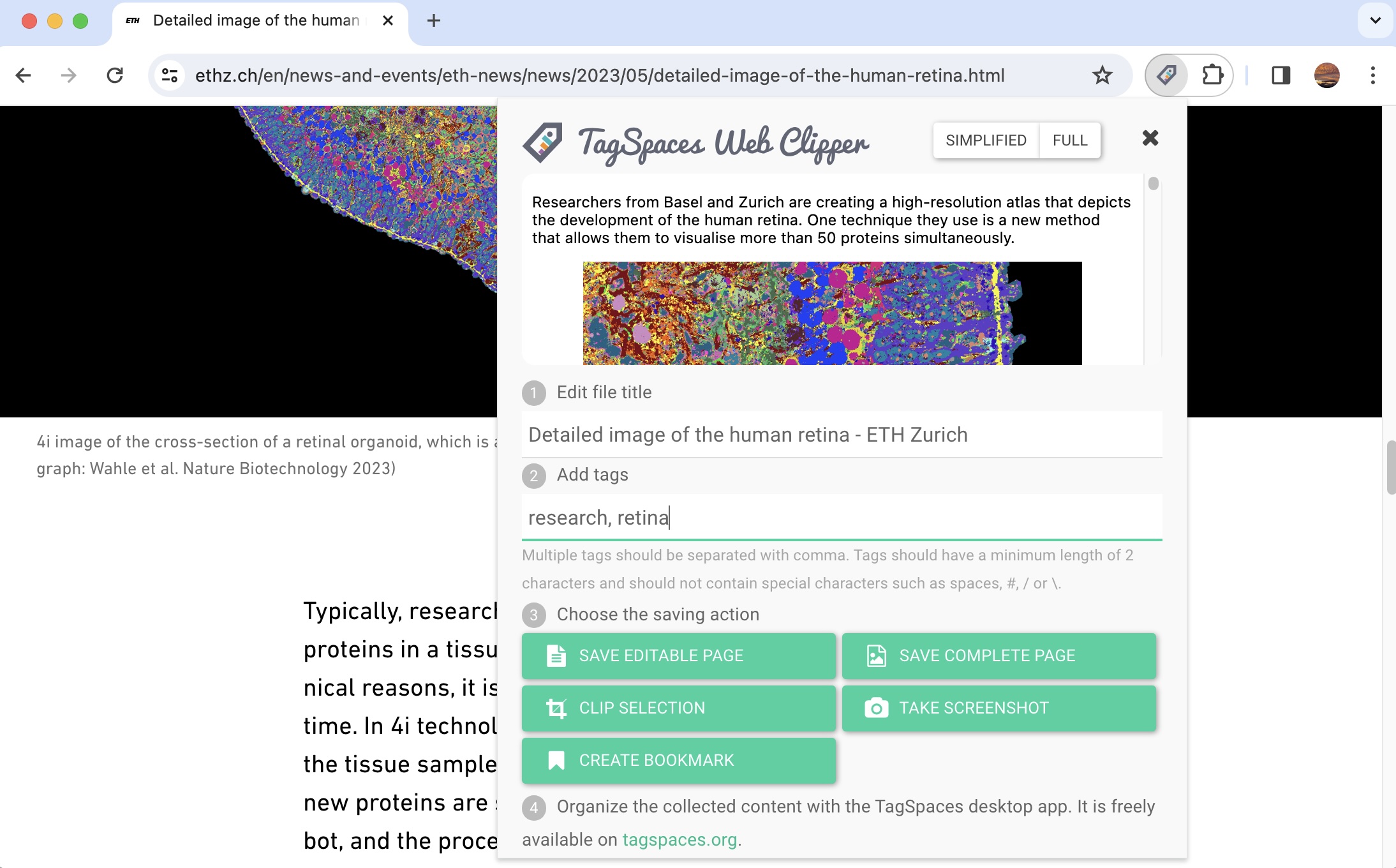 Screenshot of the TagSpaces web clipper