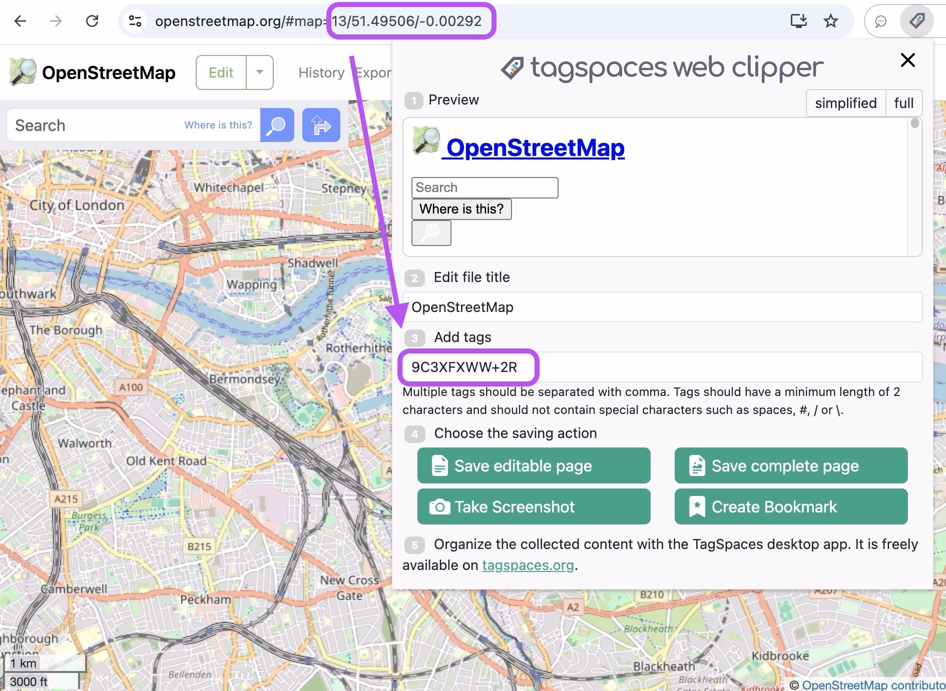 Extracting geo coordinates from current web page as a plus code