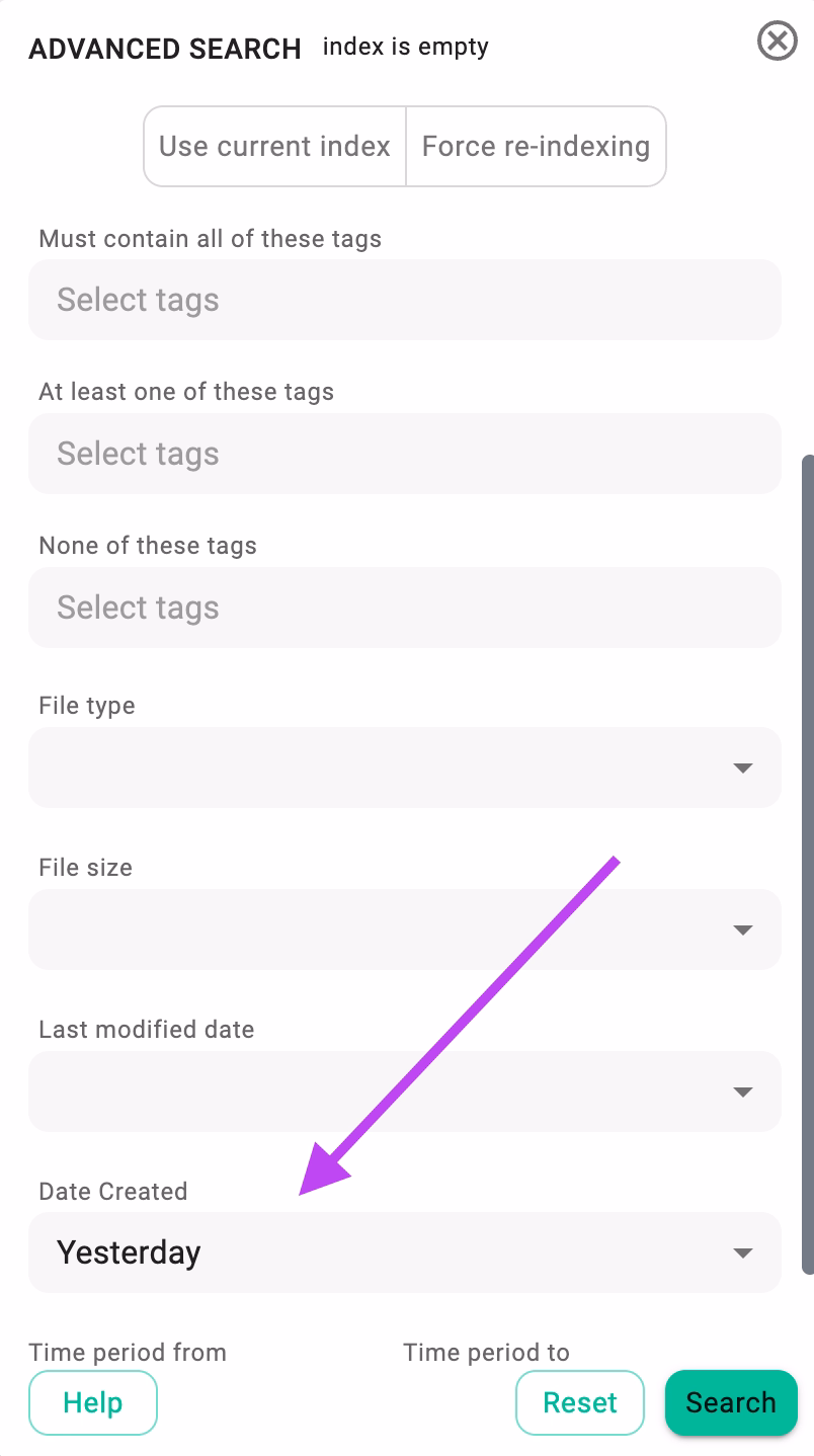 Searching by creation date in the advanced search