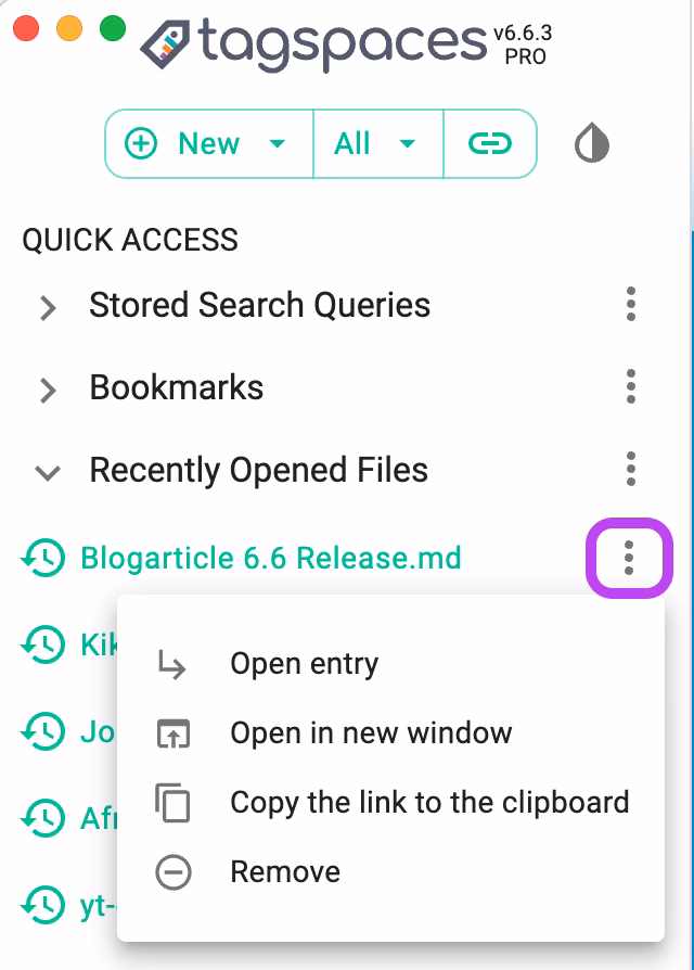 New context menu for bookmarks and recent files