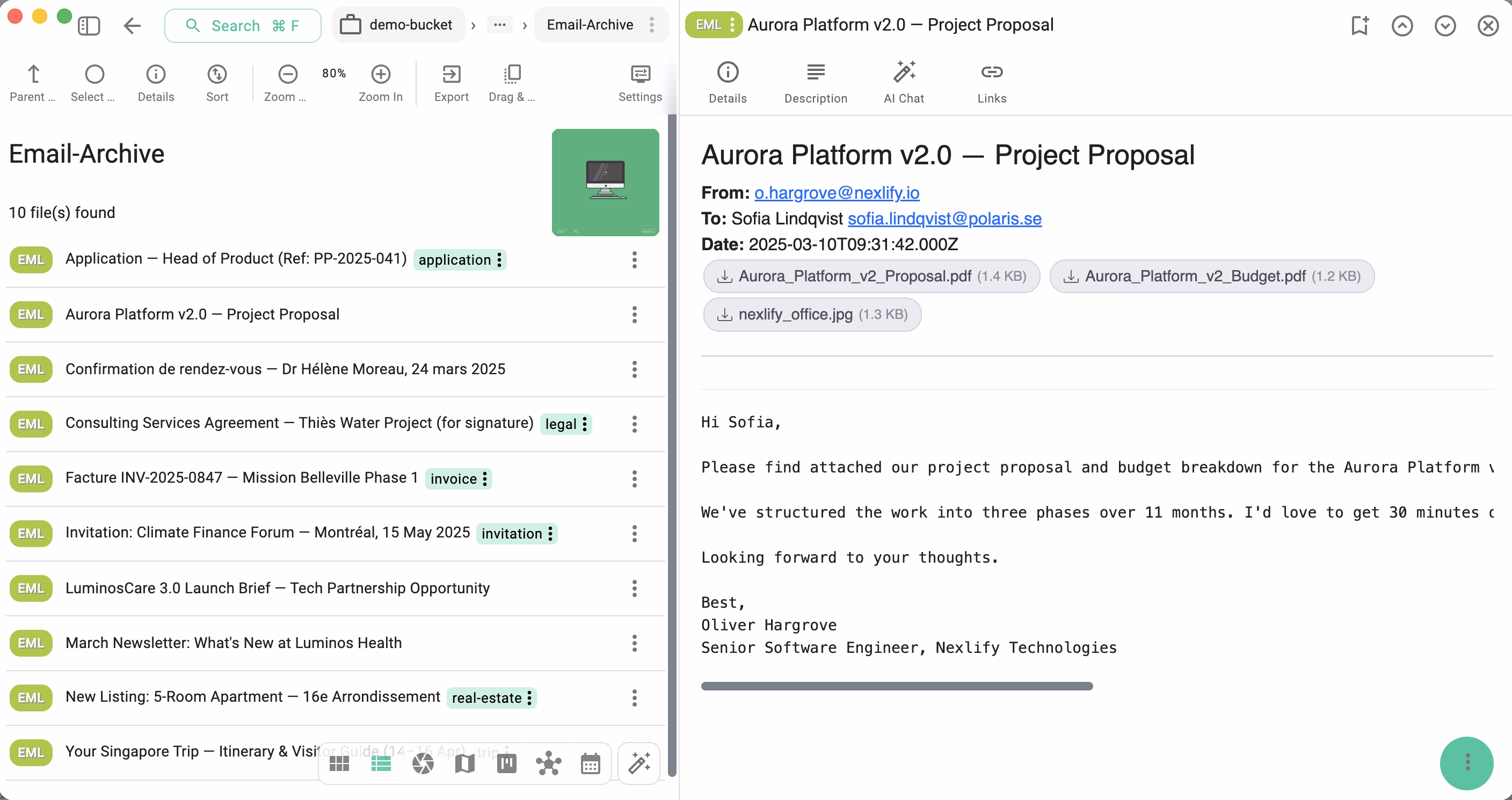 Email messages saved as .eml files and organized by client tag in TagSpaces