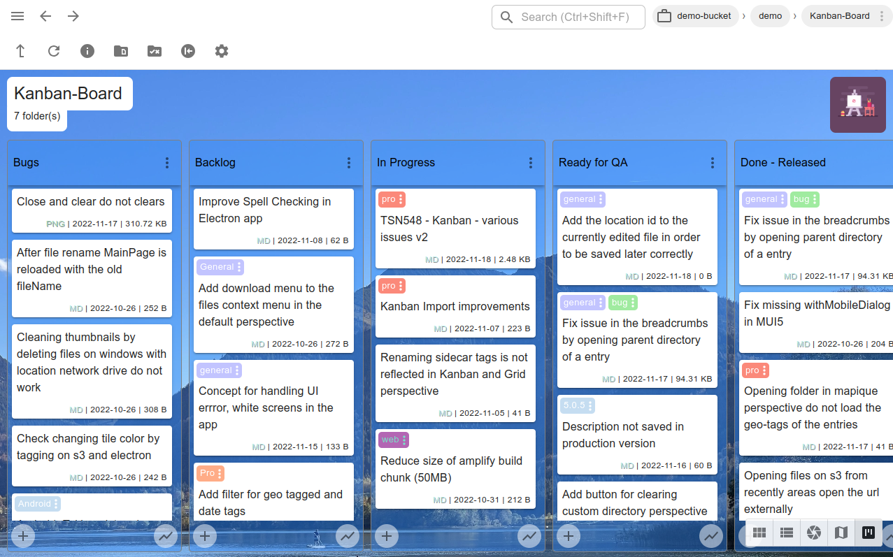 A folder with tasks opened in the Kanban perspective