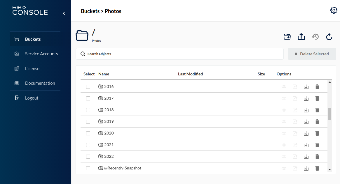 Screenshot of the MinIO web client