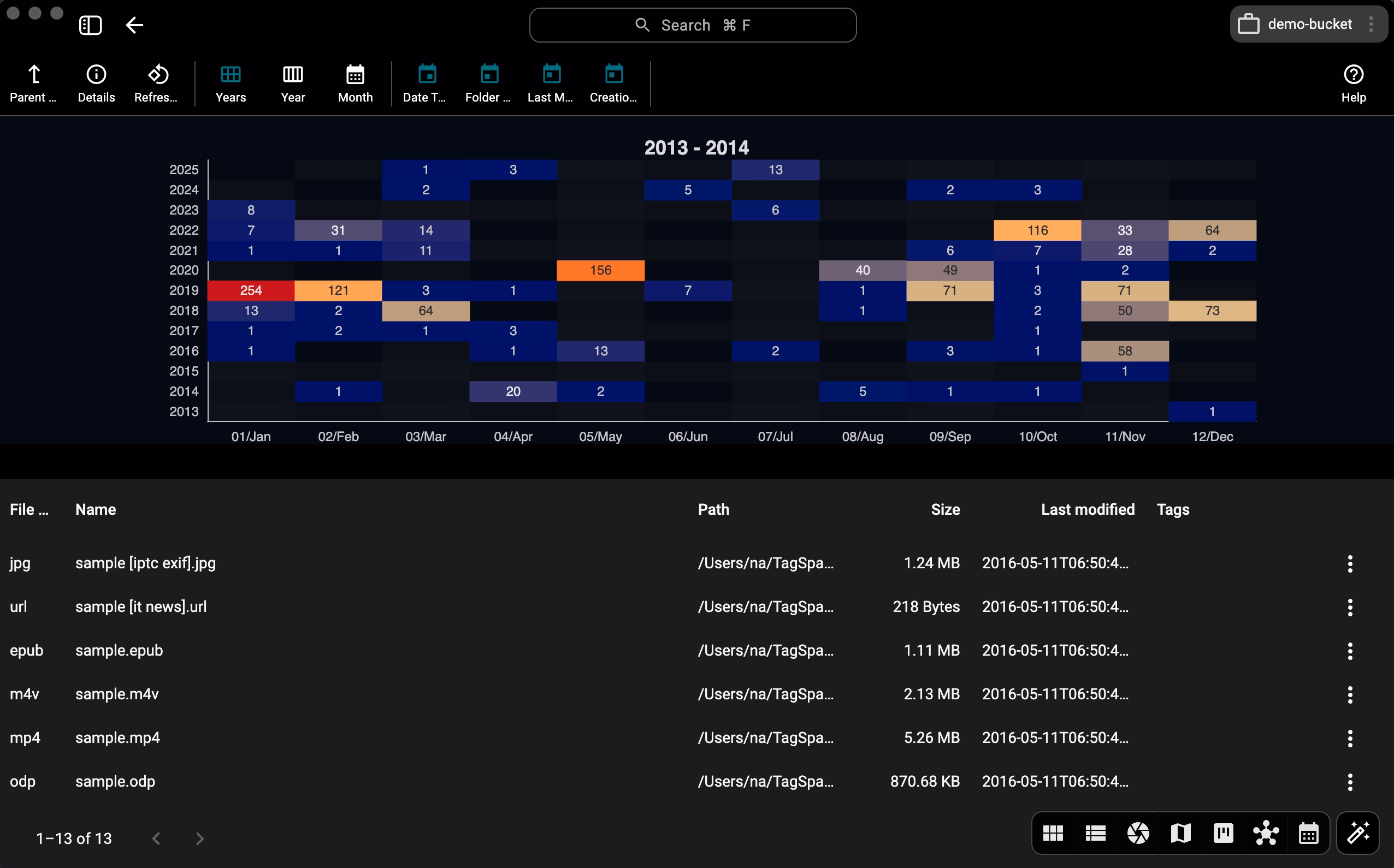 Calendar perspective organizing files by dates