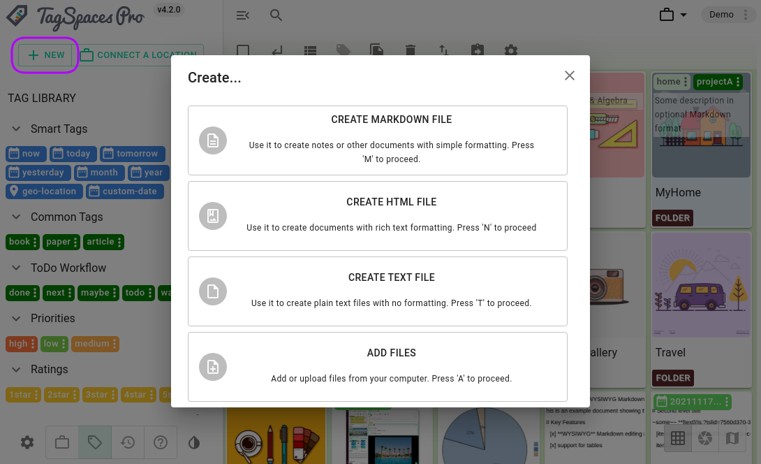 Creating notes as text files with TagSpaces