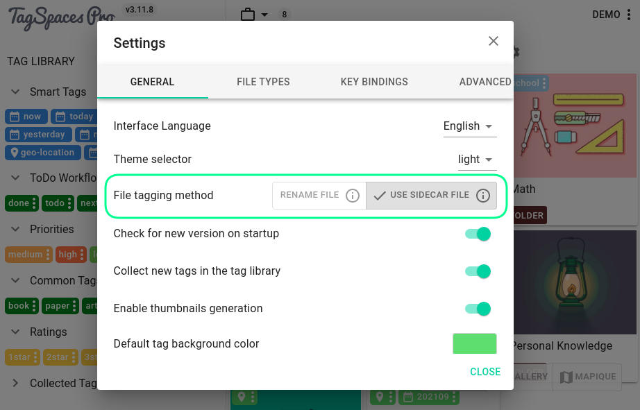 Activating the persisting of tags for files in sidecar files