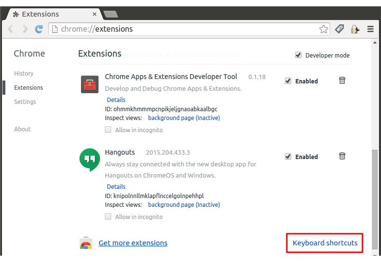 open the chrome extension shortcut configuration