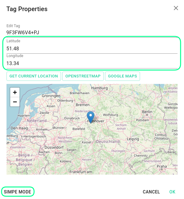 Latitude and longitude in the properties of a geo-tag