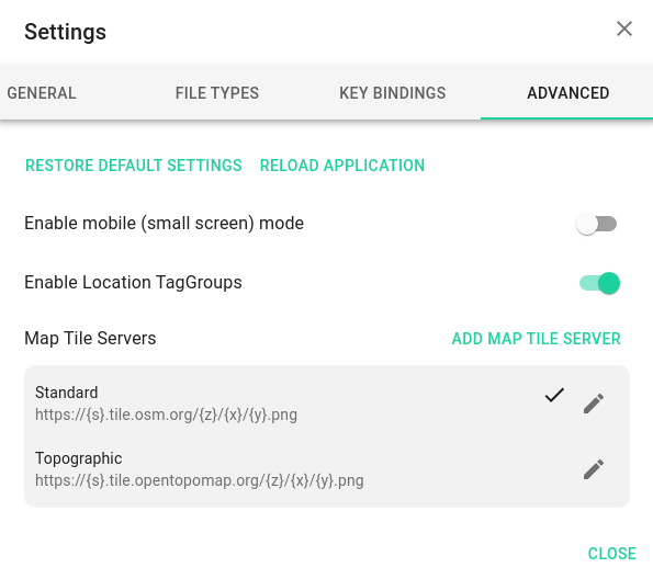 Managing map tile servers in the app settings