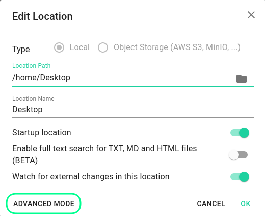 Showing location's advanced settings