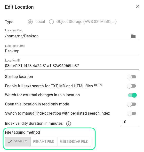 Set the file tagging method per location