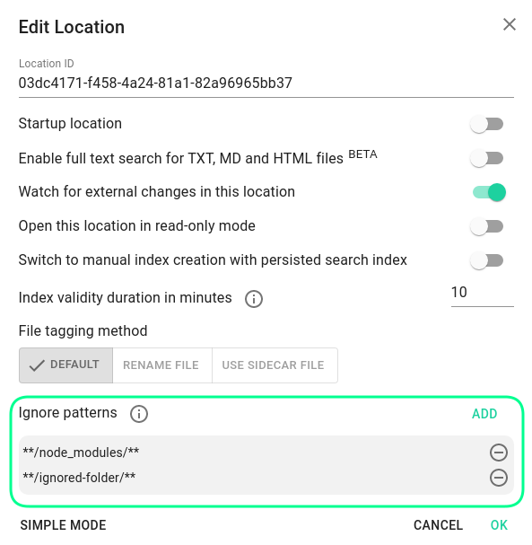 Manage the ignore pattern in the location settings