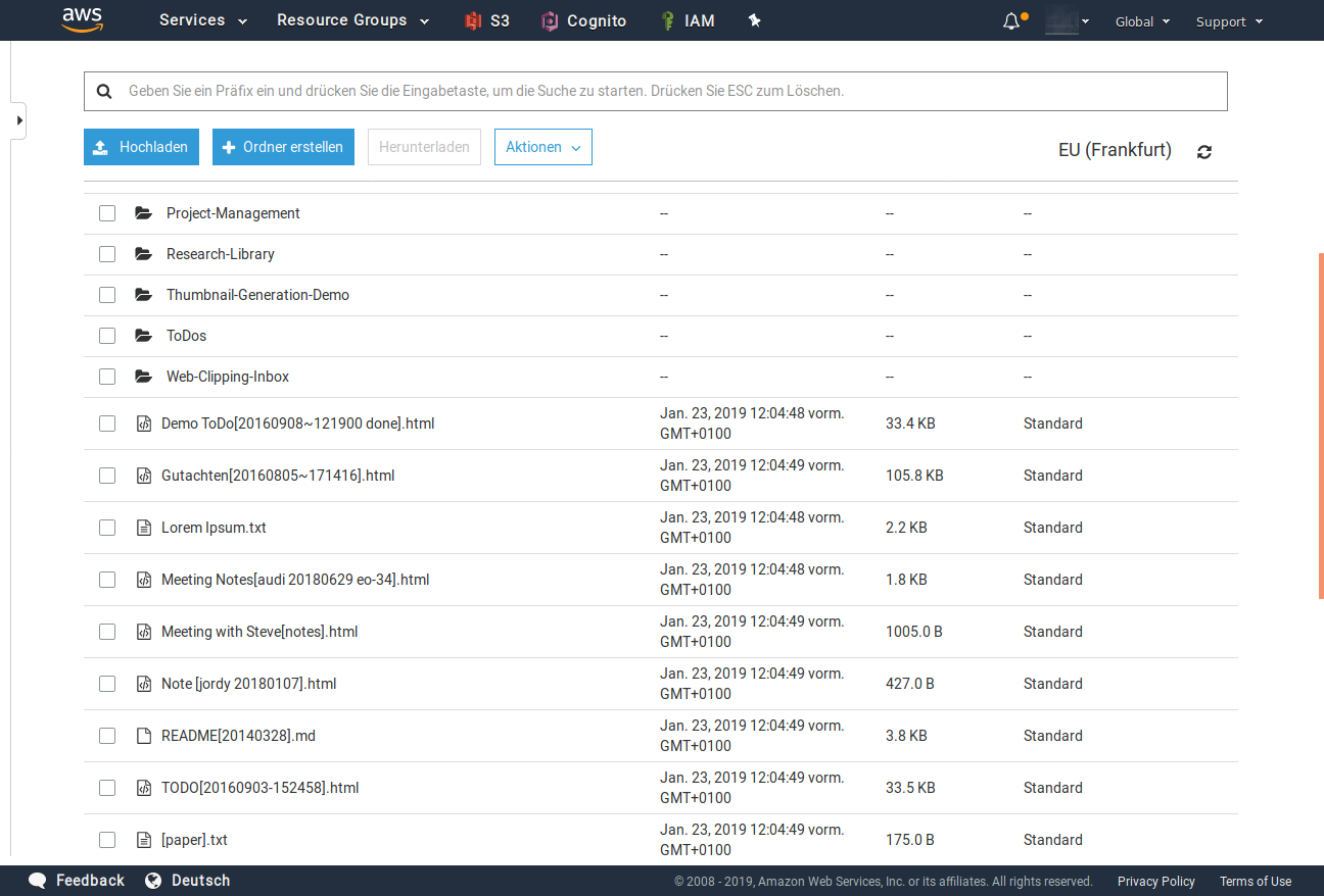 Screenshot of a bucket in AWS S3