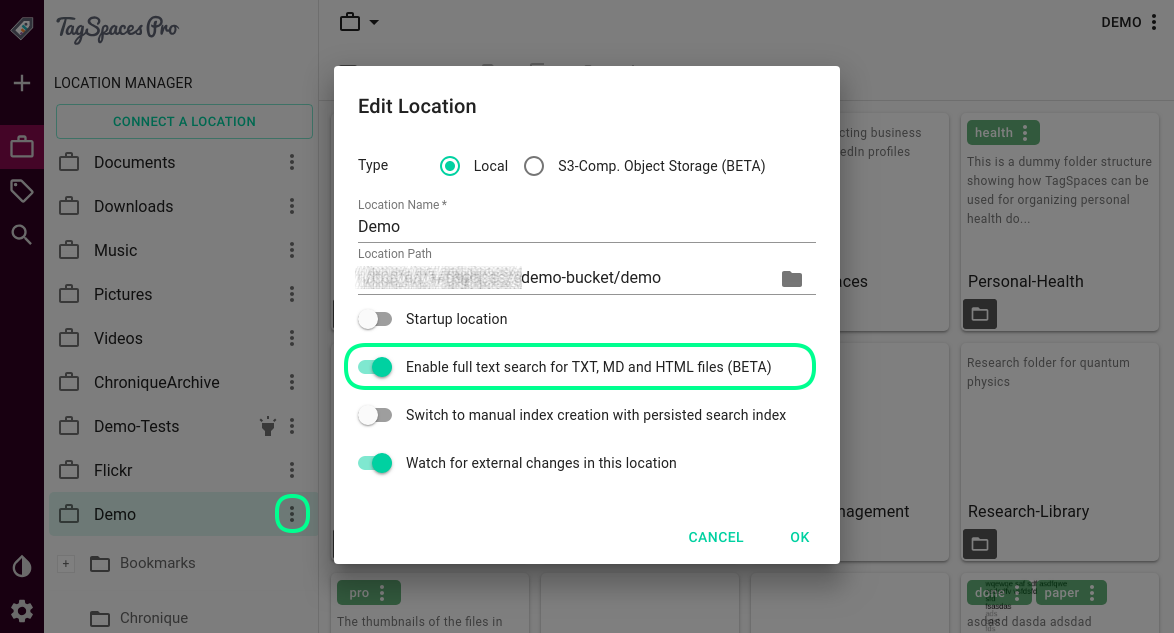 activating full text search for a give location
