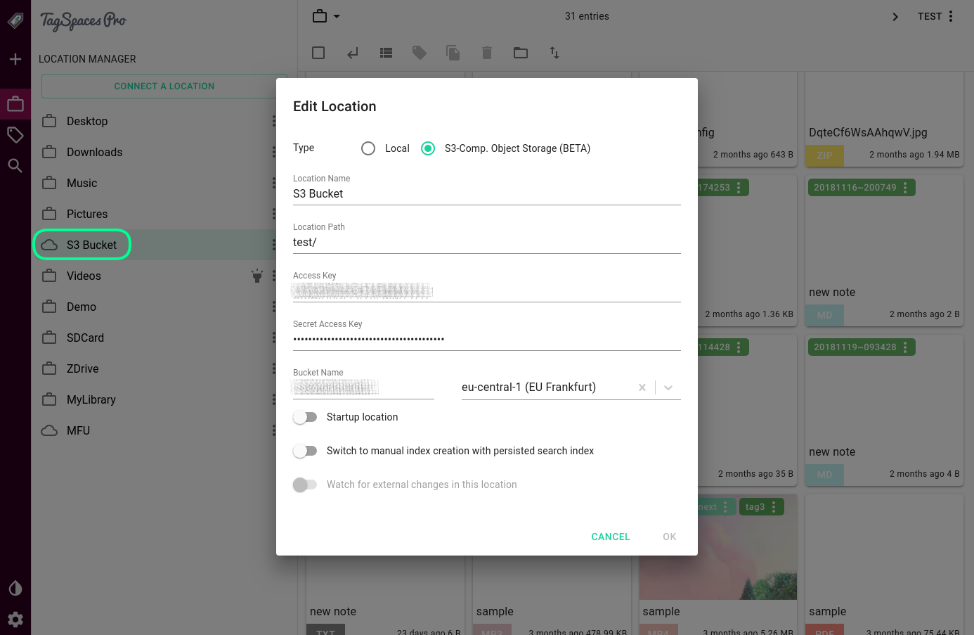 Screenshot showing configuration of a AWS S3 hosted location
