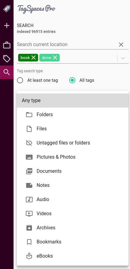 Screenshot of the advanced search options
