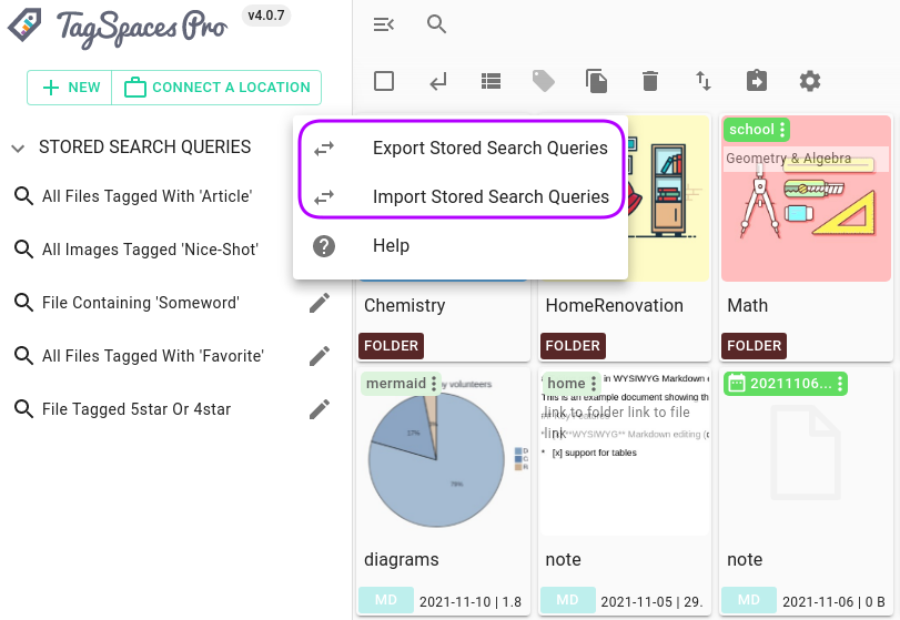 Screenshot of the menu for triggering the import and export of stored searches