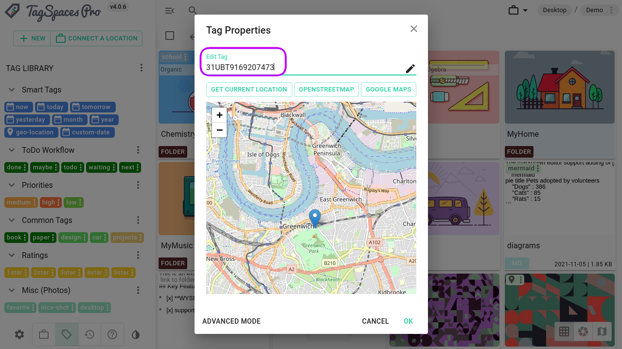 Adding MGRS based tag with the geo tagging dialog