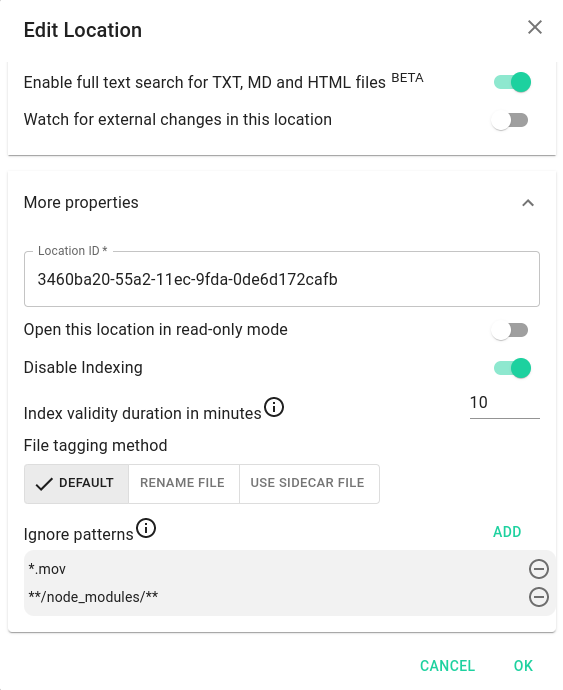 Screenshot showing extended locations options