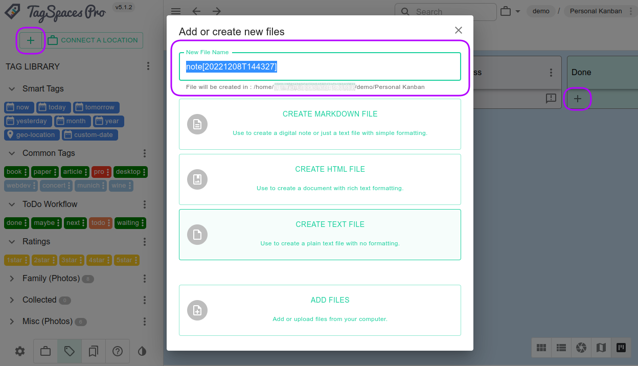 Dialog for creating text files