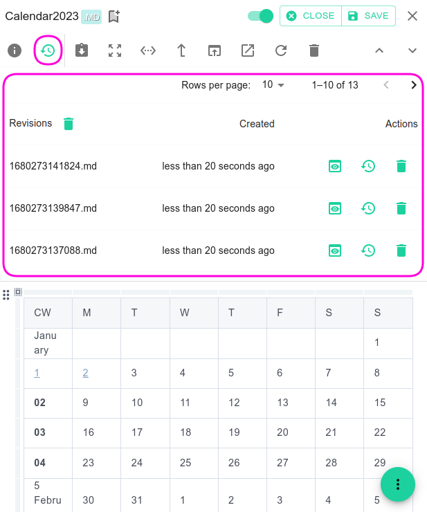 File revisions in file properties section