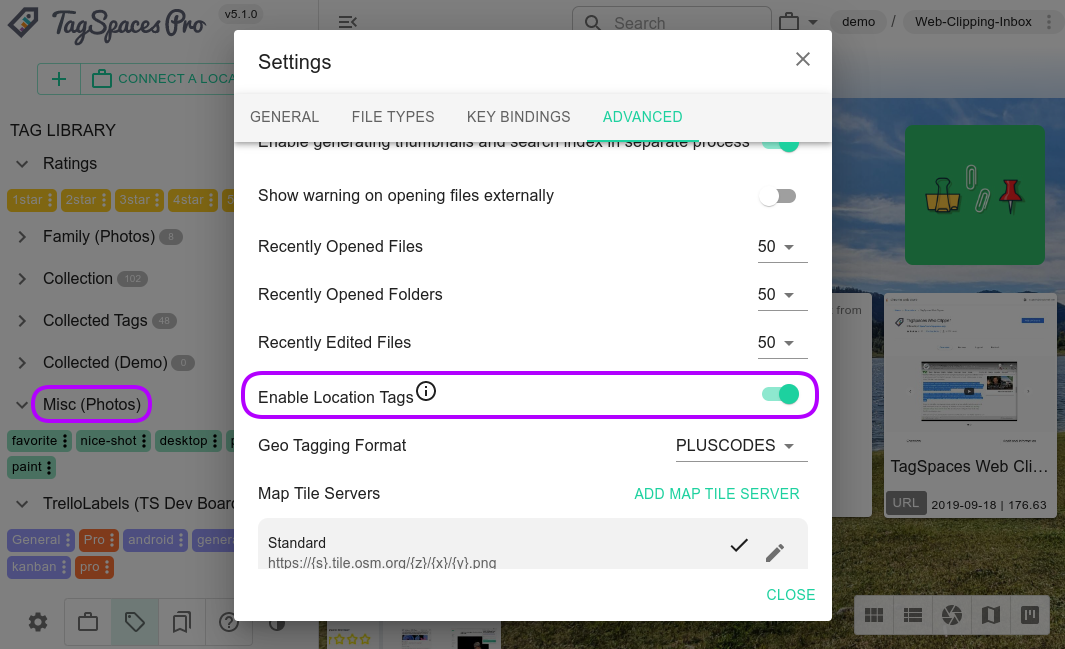 Turning on the support for location tags in the settings