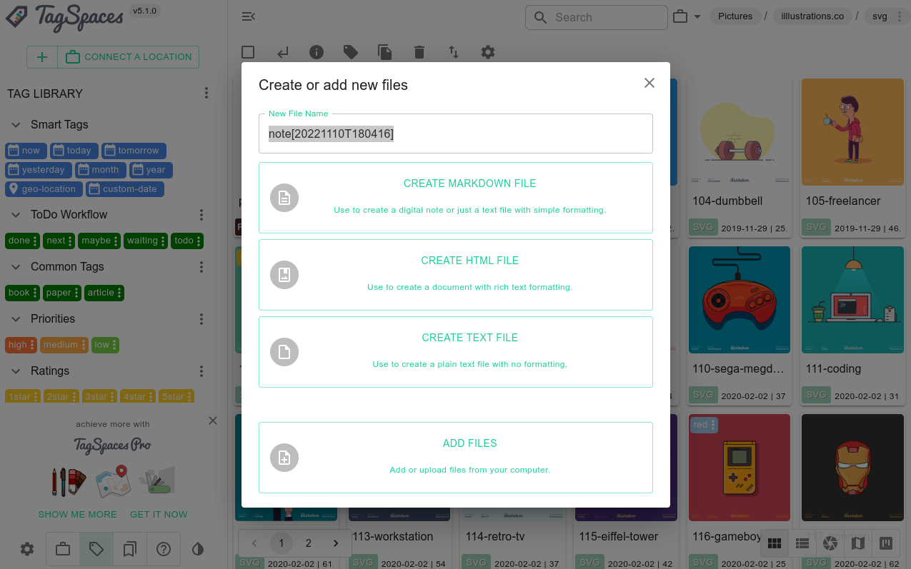 Creating notes as text files with TagSpaces