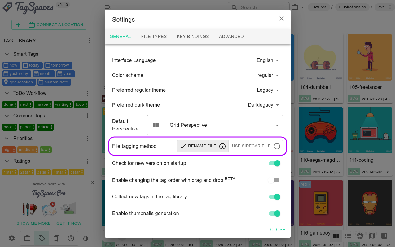 Activating the persisting of tags for files in sidecar files