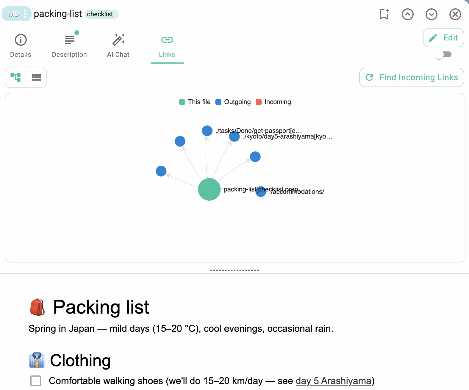 The new Links Graph in the entry properties panel — showing all files that link to the current file and all files it links to