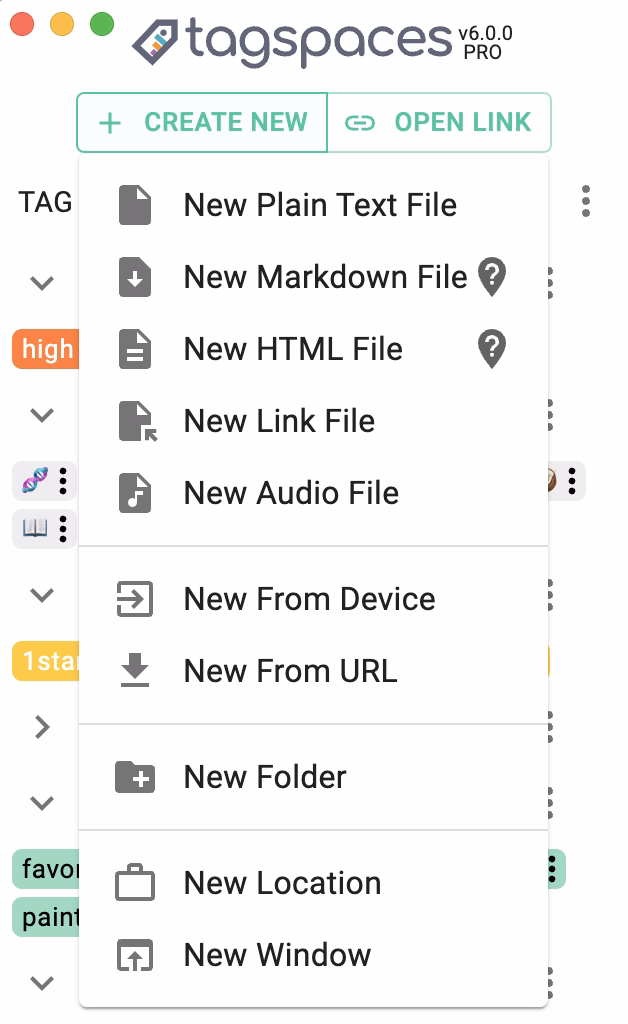 File creation menu
