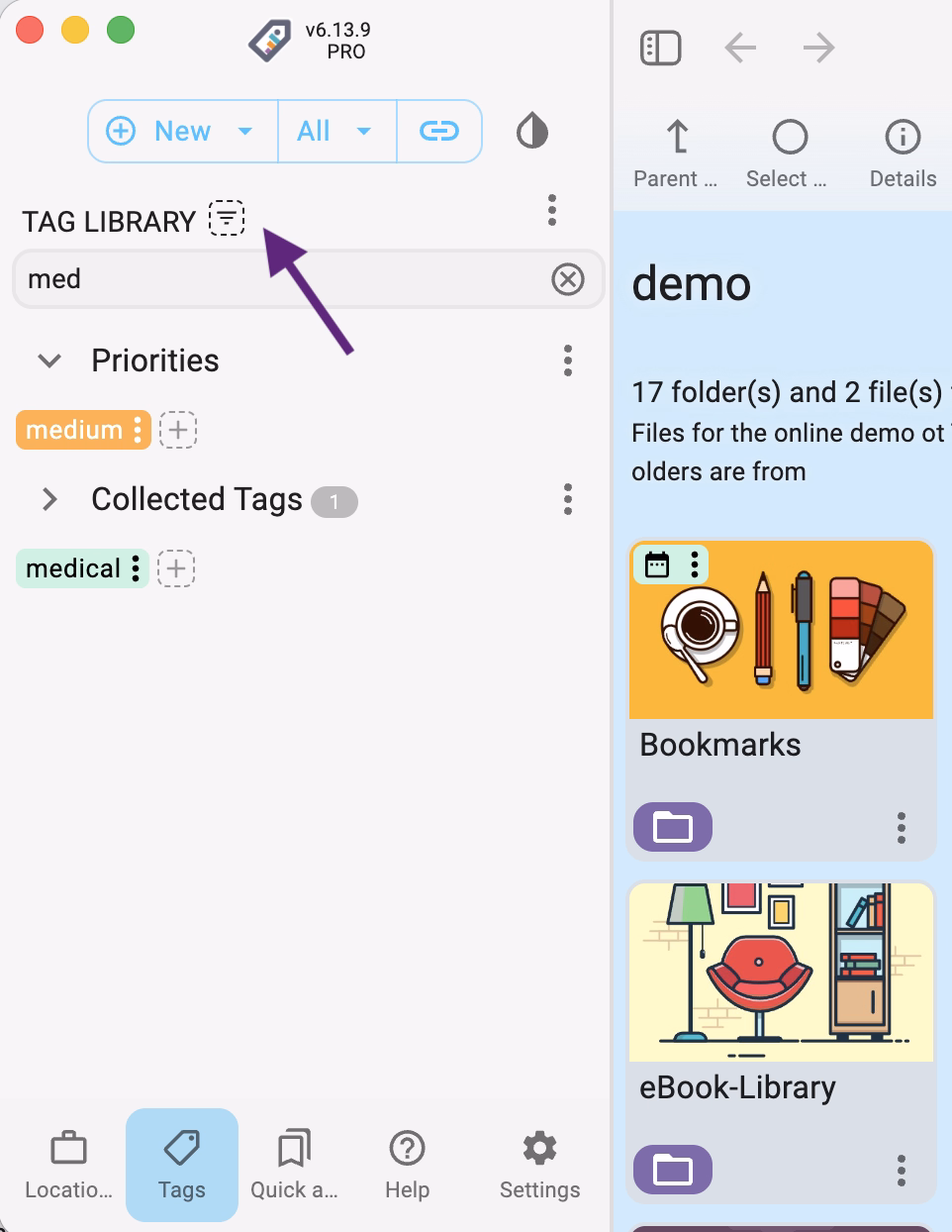 Filter tags and tag groups in the tag library