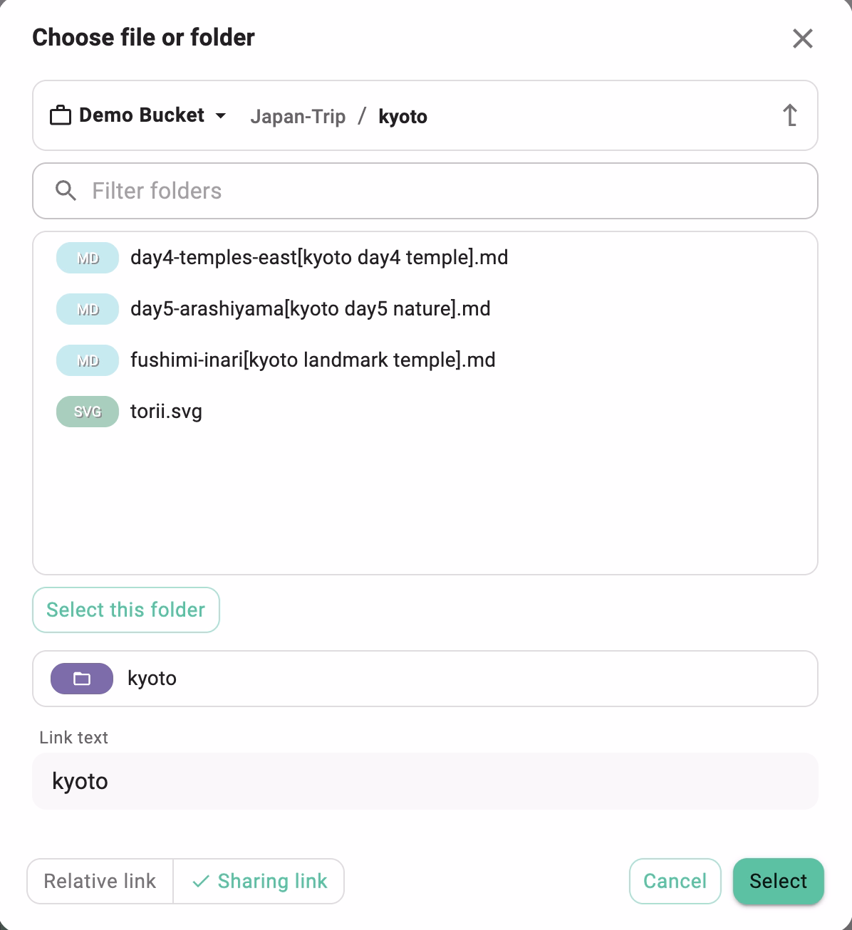 The file picker dialog, now accessible from some extensions, description editor and the create link dialog