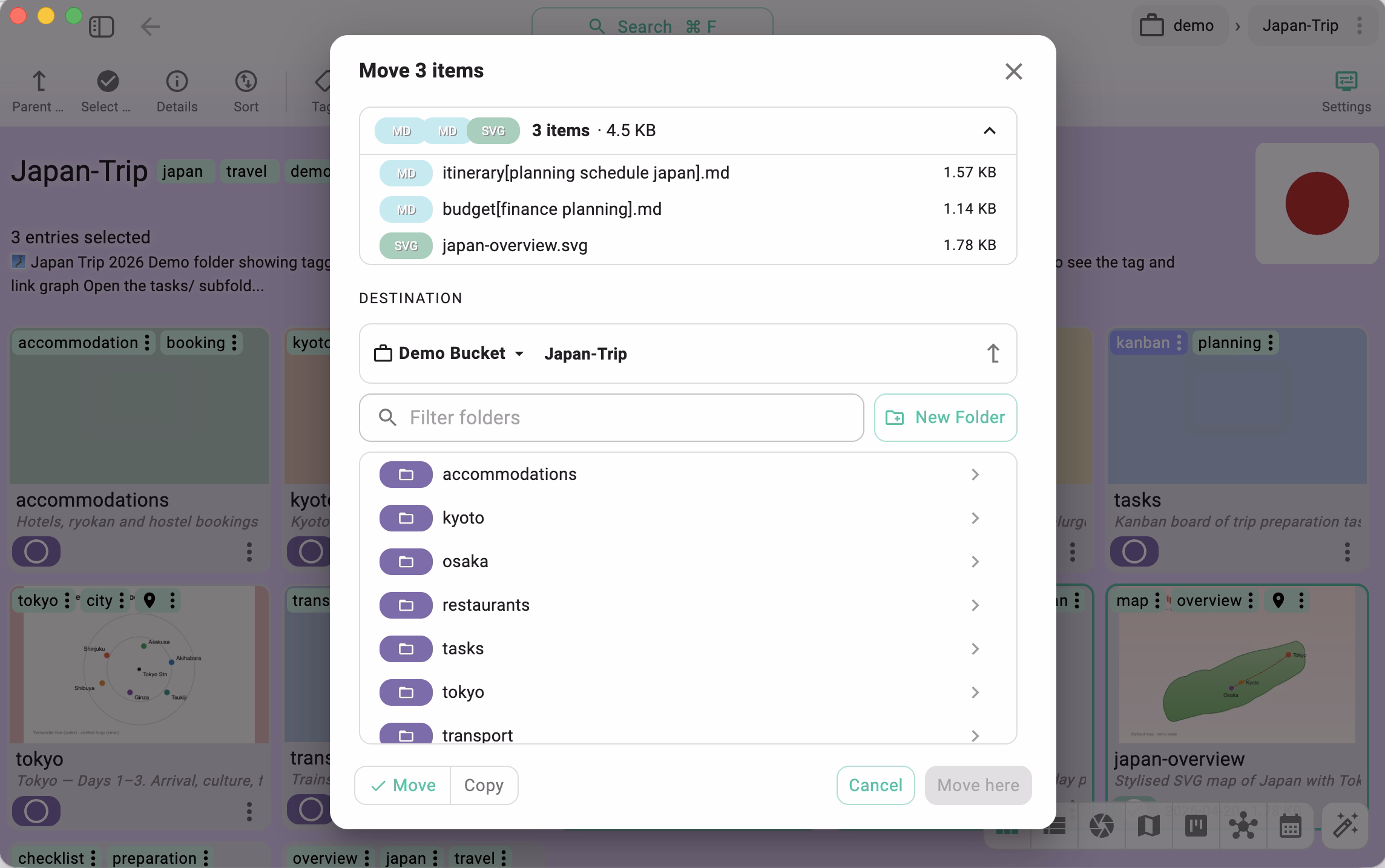 The rewritten move/copy entries dialog — with quick access to recent target folders